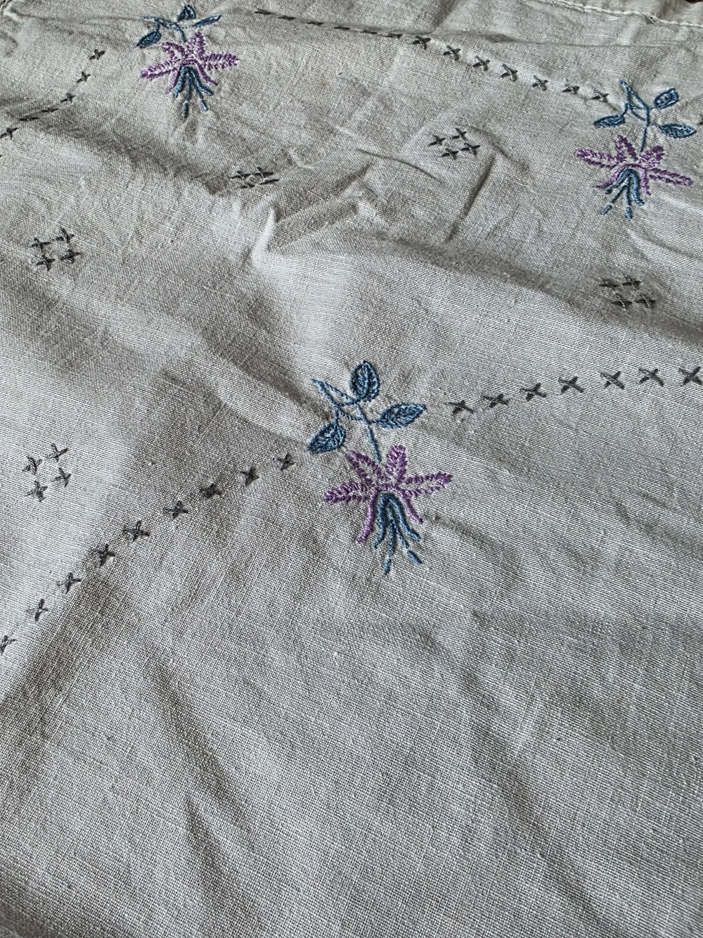 Embroidered Floral Tablecloth White with Purple & Blue Flowers Cozy Cottage Vtg